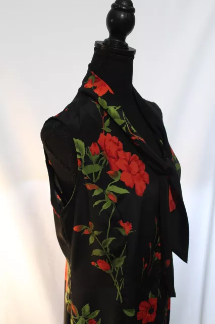 Vtg Studio I Maxi Dress Women 14 Black Red Floral Sleeveless Tie Accent 90s Slit