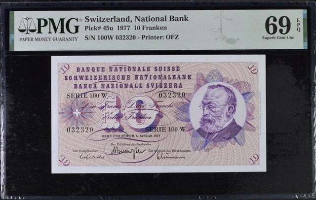 Switzerland 10 Franken 1977 P 45 u Superb Gem UNC PMG 69 EPQ NR