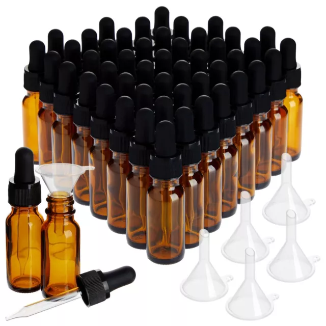 48 Count 1/2 oz Amber Glass Dropper Bottles & 6 Funnels for Essential Oils 15 ml