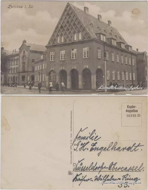 Ansichtskarte Zwickau Straßenpartie an der Sächsischen Staatsbank 1918