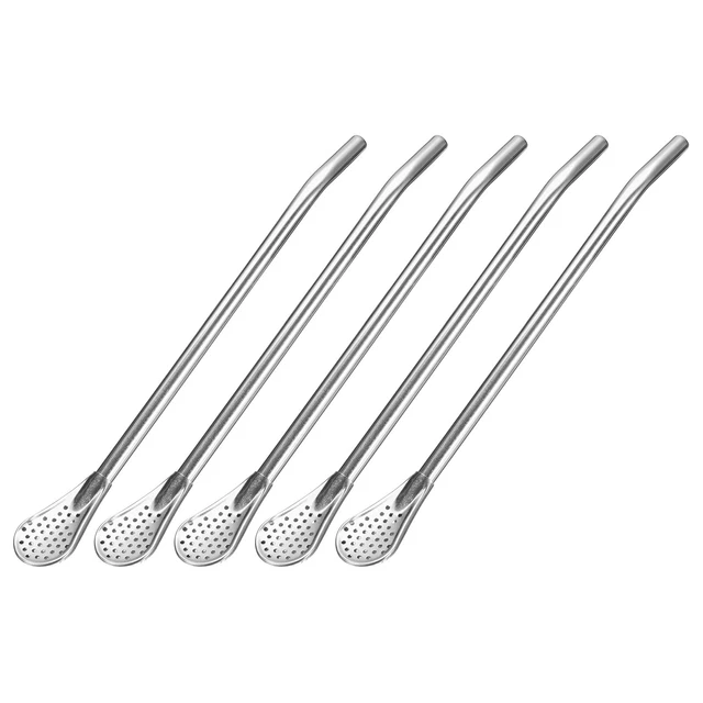 5Pcs 7.2" Stainless Steel Spoon Straw Drinking Straw Spoon with Filter Silver
