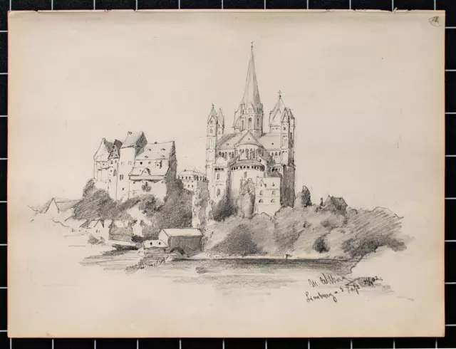 Martin Wilberg Limburger Dom Lahn Hessen Ansicht signiert Bleistift 1902