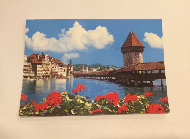 Switzerland Luzern Lucerne Chapel Bridge With Water Tower 1987 Posted Postcard