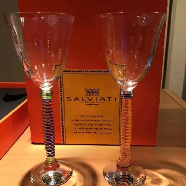 Salviati Workshop Venetian Murano Wine Glasses Pair Blue and Orange With Box