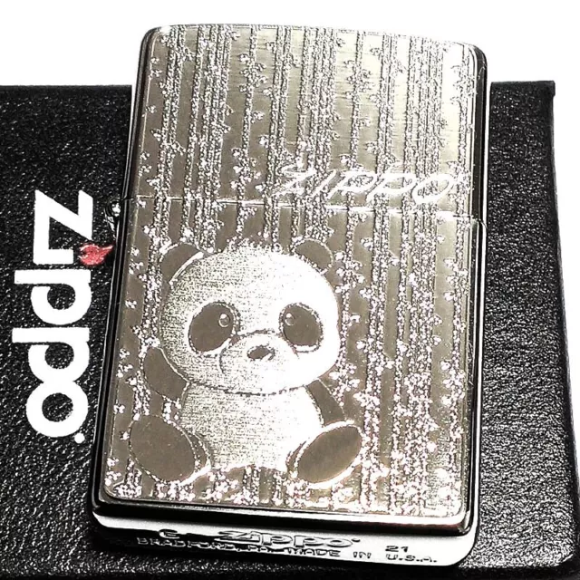 Zippo Oil Lighter Panda Silver Brass Etching Metal Plate Regular Case Japan