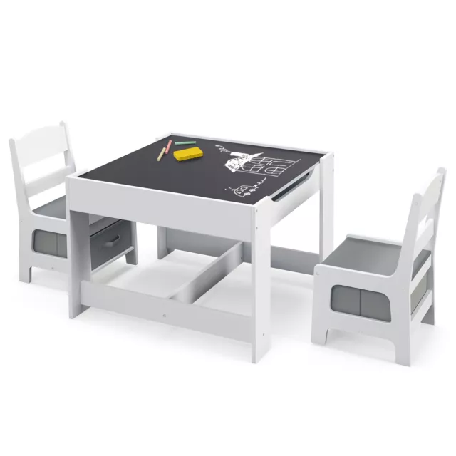 Kids Table Chairs Set w/ Storage Boxes Blackboard Whiteboard Drawing Home Grey