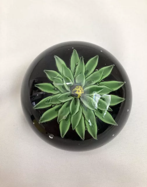 Vintage Designed In MURANO Hand Blown Green Flower Art Glass Paperweight