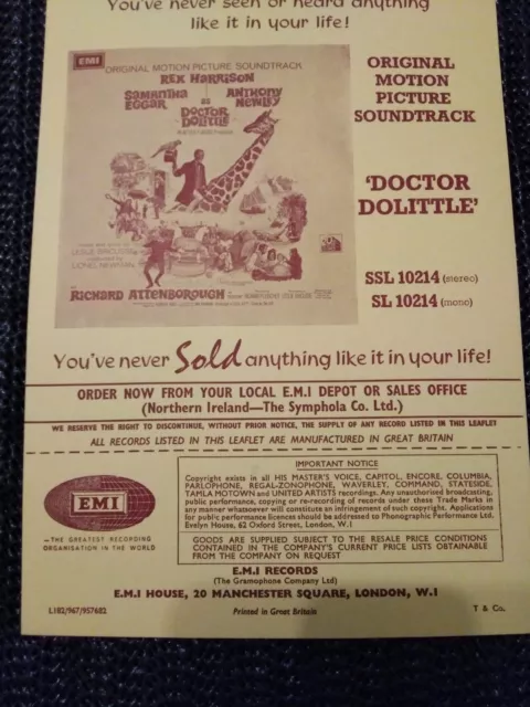 1967 SPECIAL RUSH RELEASE Record advertising Flyer: DOCTOR DOLITTLE Soundtrack 3