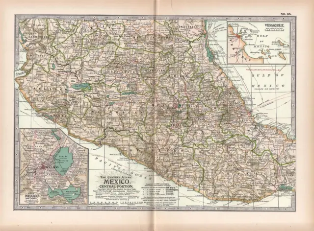 1897 Antique Century Atlas Map-Mexico, Central Part-Excellent Detail
