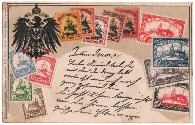 alte Präge-Ak Deutsch-Südwestafrika, Briefmarken von DSWA, gelaufen 1906