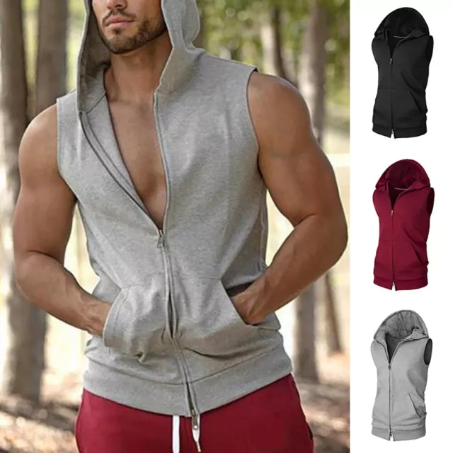 Men Gym Sleeveless Hoodie Fitness Sports Muscle Hooded Vest T-Shirt Tank Top UK