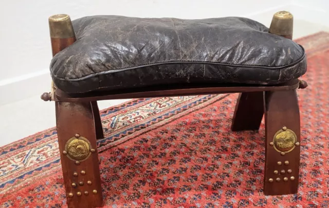 VTG Egyptian Camel Saddle Seat Ottoman Foot Stool Black Leather Wood Bench Boho 2