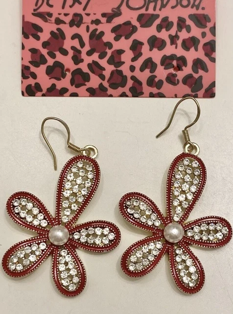 Betsey Johnson Alloy Crystal Rhinestone Red Flower Earring NWT