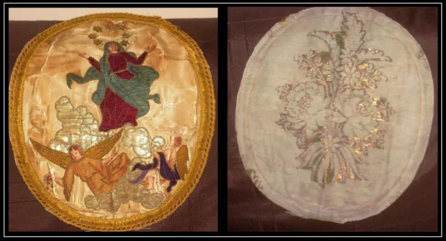 Arazzo-Stendardo Antico Ovale Madonna Dipin. Su Stoffa Ricami Oro 700