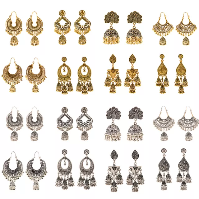 Retro Gold Silver Engrave Ethnic Bell Jhumka Gypsy Dangle Drop Women's Earrings