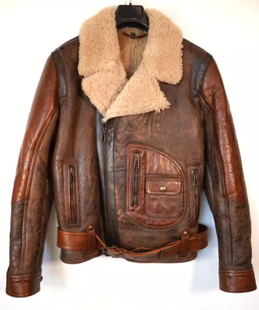 Mint | $2929 Belstaff 52 L Danescrof Aviator Bomber Brown Shearling Jacket Italy