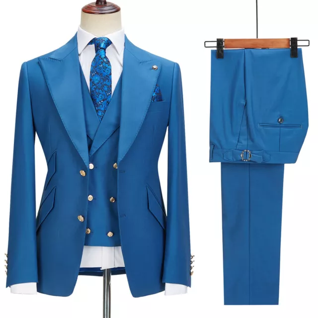 MENS BLUE SUIT Peak Lapel Slim Fit Groom Tuxedos Party Dinner Suit ...