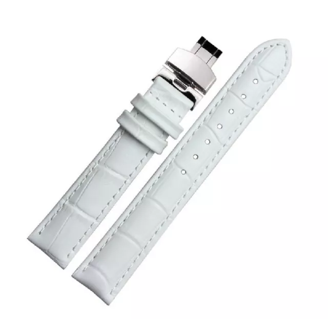 Bracelet de montre HQ en cuir véritable blanc avec boucle de fermoir dépliant papillon