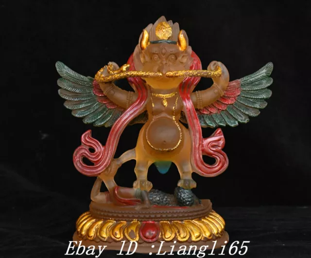5.5" Farbige Glasur Malerei Gilt Redpoll Winged Garuda Vogel Adler Buddha Statue