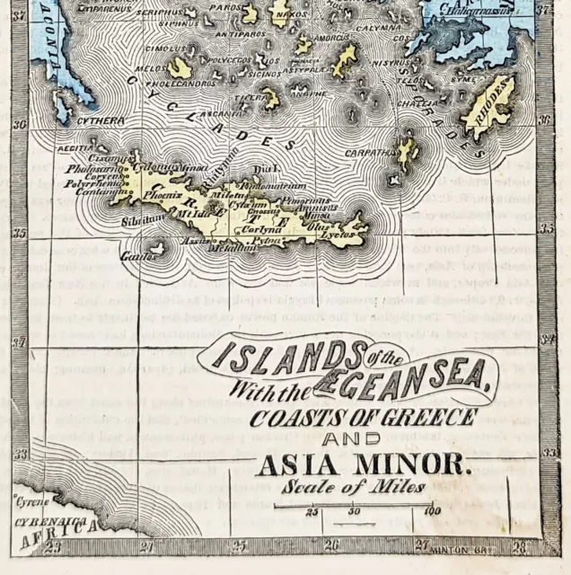 1855 Aegean Sea Islands Map ORIGINAL Troy Ancient Greece Turkey Athens Macedonia