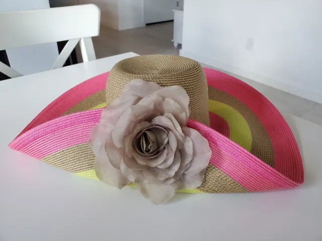 ERIC JAVITS Women's WIDE BRIM STRAW Beach Sun hat SQUISHEE HAT Flower