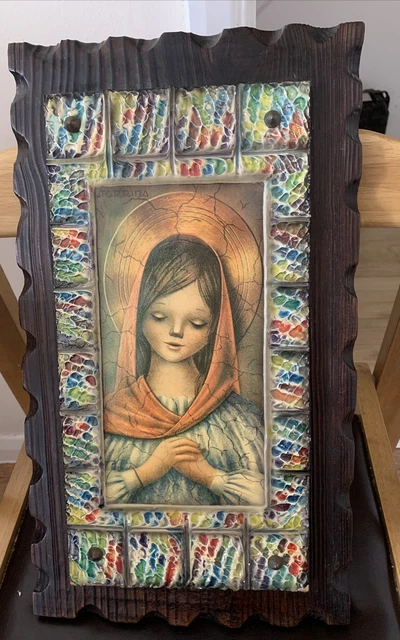 Virgin Mary Vintage Picture With Beautiful Hand Made Frame Made In Italy