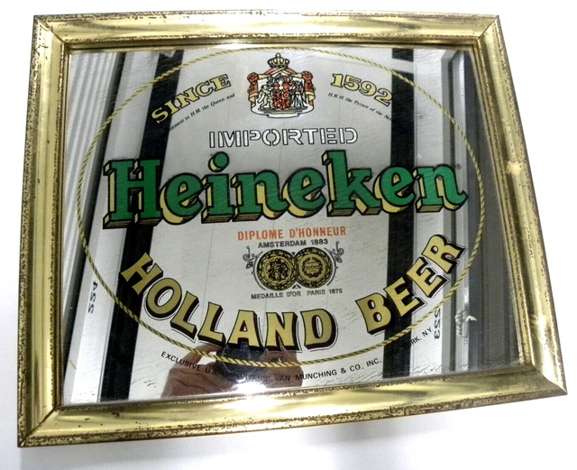 Vintage Heineken ADVERTISING Framed Mirror Bar Room  17 3/4” W X 14 3/4”H
