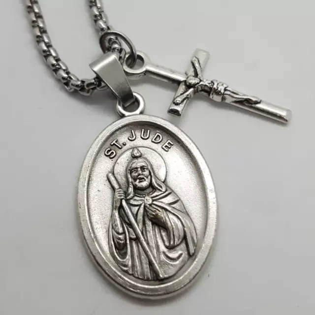 St Jude necklace. Stainless steel box chain with saint medal and crucifix.