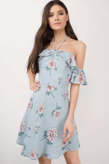 NWT JOA Los Angeles Blue Floral Ruffle Cold Shoulder Halter Dress Size S 2