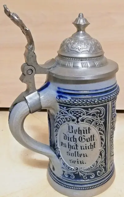 Alter Bierkrug mit Zinndeckel ca. 1900 - 1950 Reliefkrug mit 2 Sinnsprüchen 2