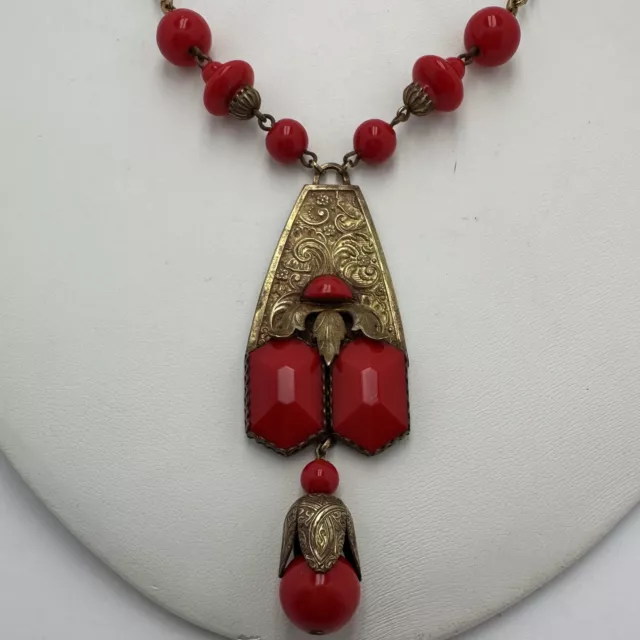 Antique Art Deco Gilt Brass Red Czech Glass Pendant Necklace