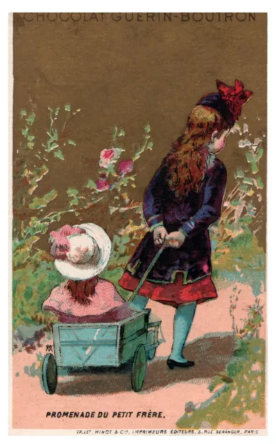 1880s Trade Card - Chocolat Guerin Boutron Pulling Little Sister in Wagon