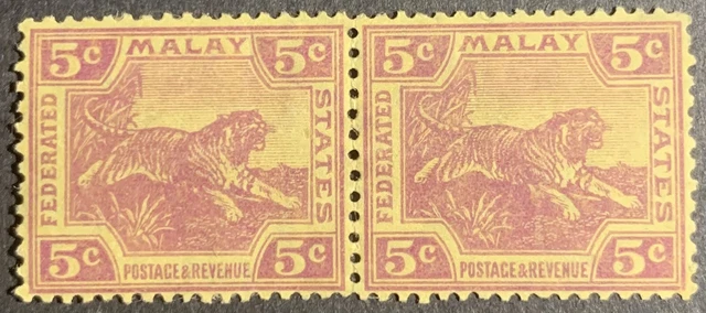 Federated Malay States Pair Leaping Tiger  SG61 1922 5c Fresh MH Stamps
