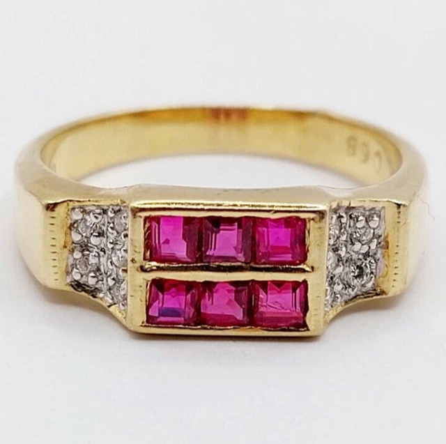 Bague Chevalière Art Déco Or 18k - Rubis Synthétiques Et Diamants - Taille 54 - Occasion - Bijou Vintage