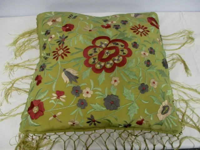 VINTAGE HAND EMBROIDERED SILK THROW PILLOW with LONG FRINGE ~ 18" SQUARE