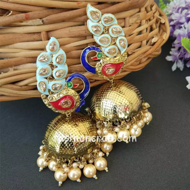 Indian Bollywood Style Blue Traditional Peacock Jhumka Earrings for Bride