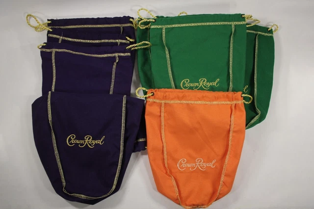 Lot of 11 Crown Royal Purple, Green & Orange Drawstring Bags One Larger Bag.