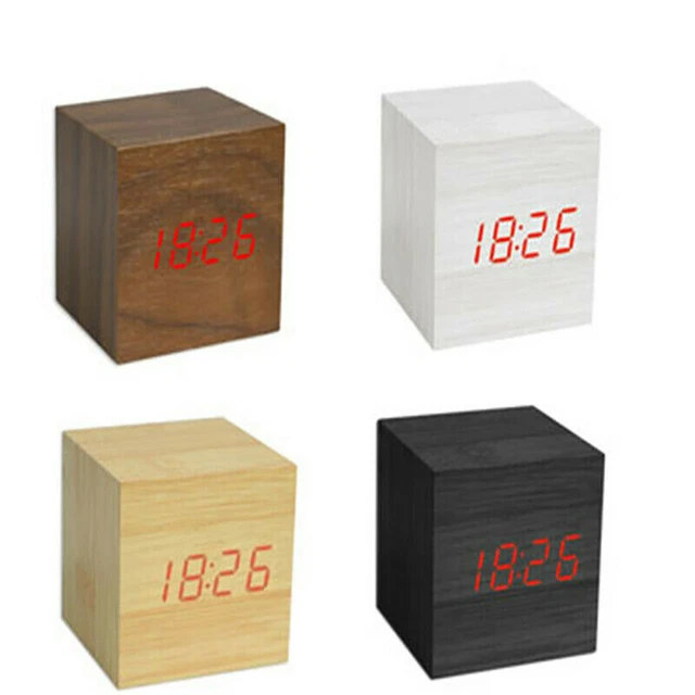 Horloge Numérique Cube En Bois Avec Alarme Et Température – Affichage LED Réglable – Alimentation USB Ou Piles – Détection Vocale