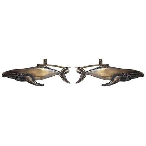 Pair of Humpback Whale Curtain Tie Backs Holdback Brass Wall Holder Hook Hanger
