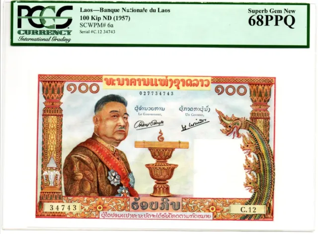 Lao Banque Nationale du Laos 100 Kip ND 1957 Pick 6a PCGS Superb Gem Unc 68 PPQ