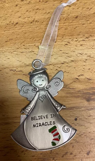 Believe in Miracles Angel CHRISTMAS Metal Silver ORNAMENT Ganz 3" NOS