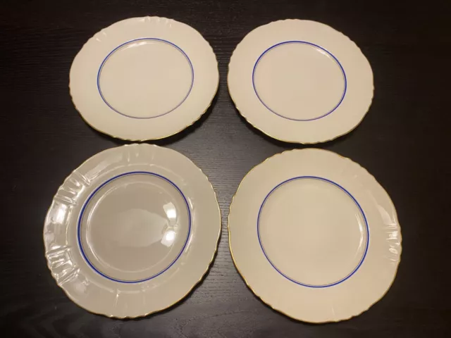Set of 4 Syracuse China Old Ivory 9" Plates OPCO USA Blue Gold Trim Scalloped