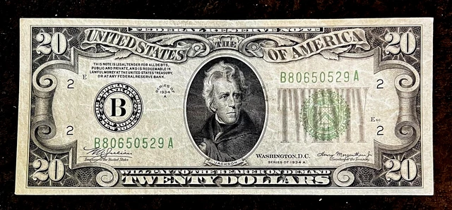 1934-A $20 United States Federal Reserve Note, New York B80650529A