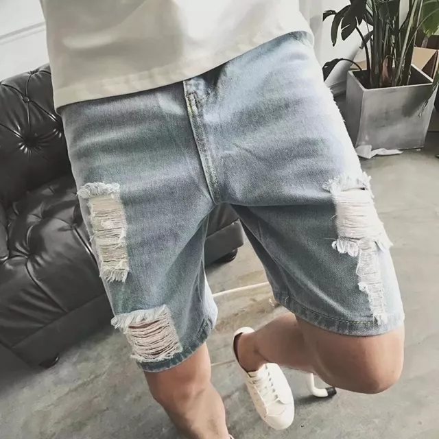 Casual Ripped Denim Distressed Skinny Stretchy Shorts Hole Pants Slim Fit Jeans