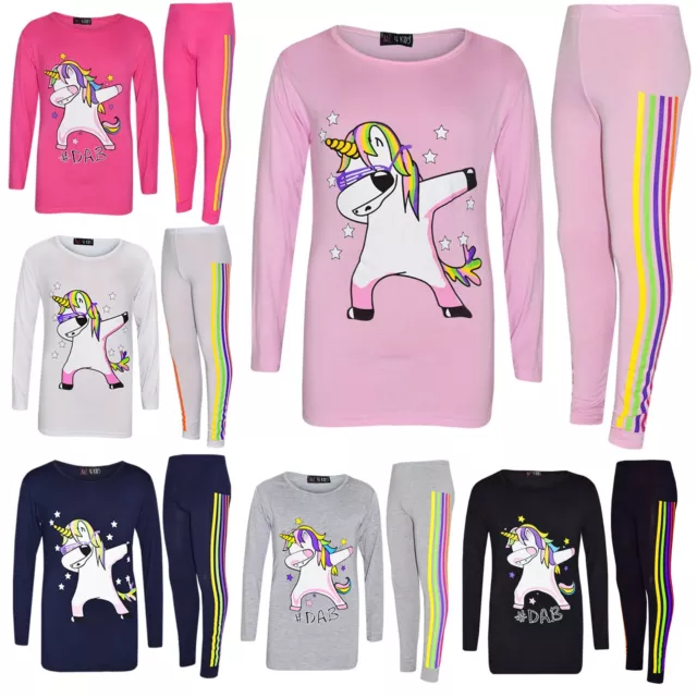 Kids Girls Rainbow Unicorn Dab Floss Long Sleeves Top Legging Xmas Set 7-13 Year
