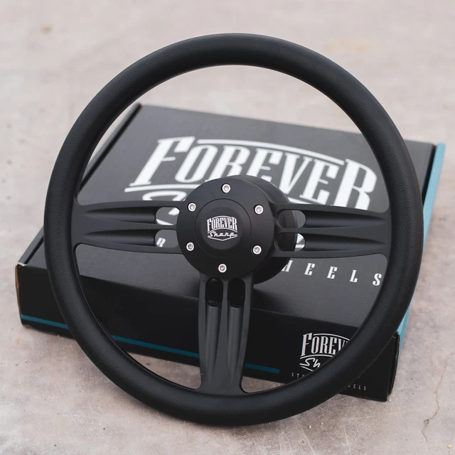 14& MATTE BLACK Steering Wheel with Black Vinyl Half Wrap and Billet