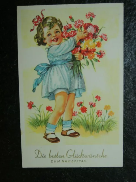 Alte AK , Mädchen mit Blumen , ...Glückwünsche zum Namenstag , Lingen , (D302)