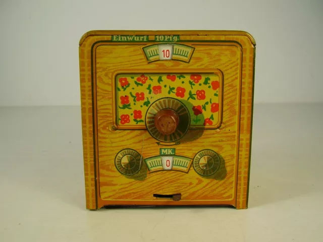 Antike seltene Spardose Blech Radio Motiv mit Klimper Funktion vor 1945