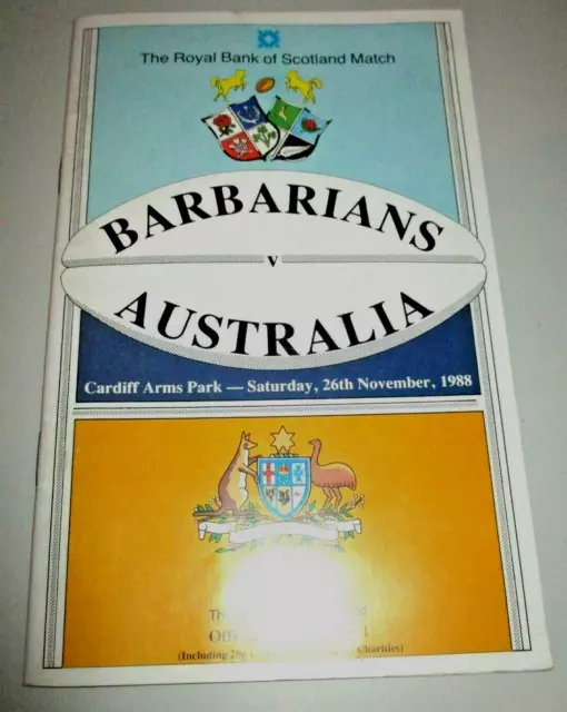 Barbarians vs Australia 26/11/88 Cardiff Arms Park Rugby Match Programme Ticket