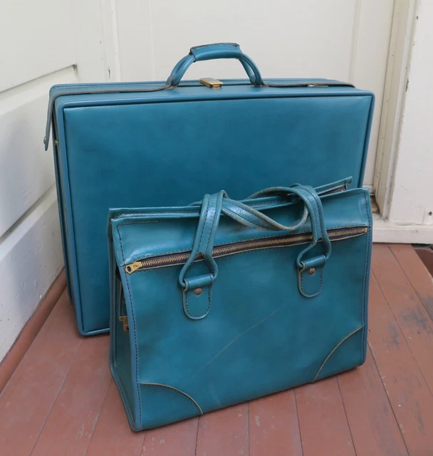 Lot of 2 VTG BLUE Hartmann Belting Leather 24" Suitcase & Matching Overnight Bag